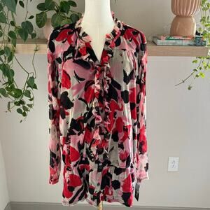 INC Women Floral Ruffle Long Sleeve Blouse 2X Red Black Fall Office Workwear